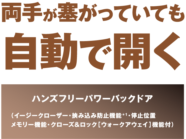 両手が塞がっていても自動で開く ハンズフリーパワーバックドア （イージークローザー・挟み込み防止機能＊1・停止位置 メモリー機能・クローズ&ロック［ウォークアウェイ］機能付）