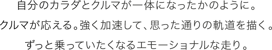 自分のカラダとクルマが一体になったかのように。クルマが応える。強く加速して、思った通りの軌道を描く。ずっと乗っていたくなるエモーショナルな走り。