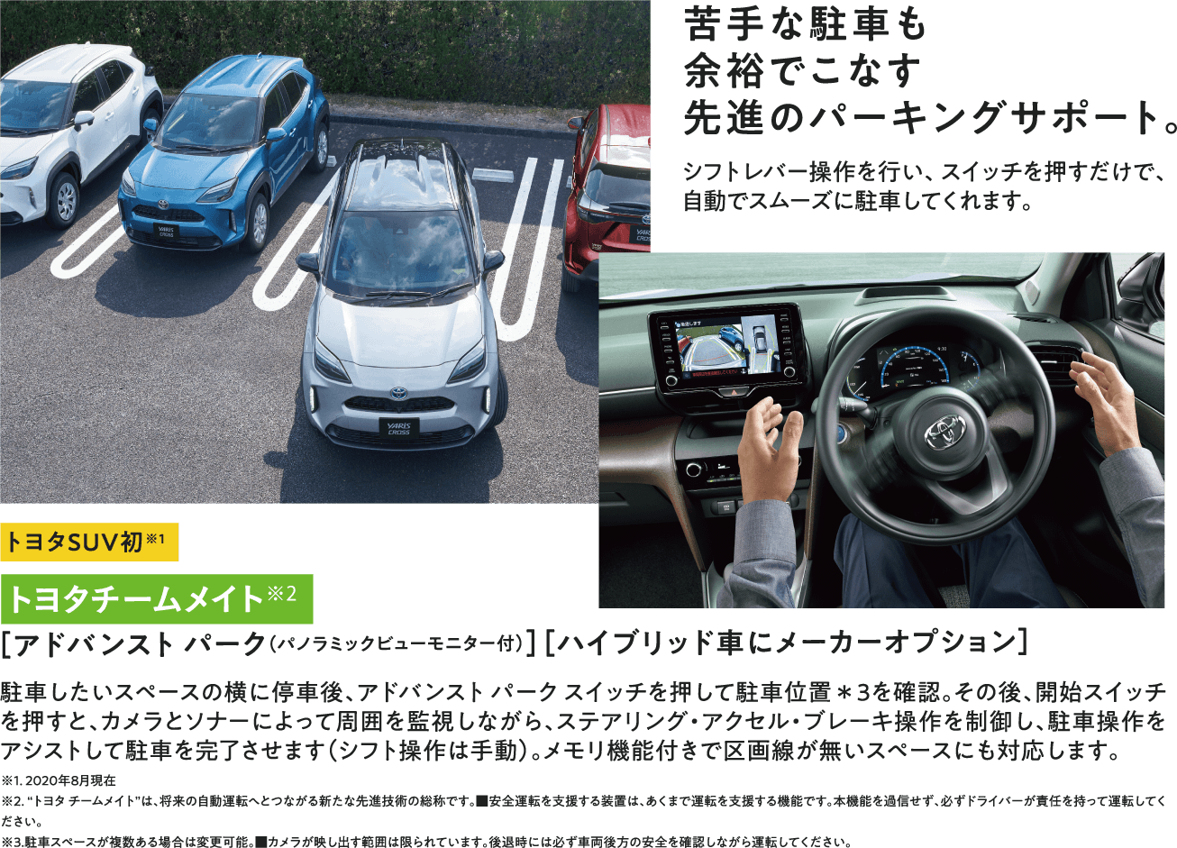 苦手な駐車も余裕でこなす先進のパーキングサポート。シフトレバー操作を行い、 スイッチを押すだけで、自動でスムーズに駐車してくれます。トヨタチームメイト※2［アドバンスト パーク（パノラミックビューモニター付）］［ハイブリッド車にメーカーオプション］駐車したいスペースの横に停車後、アドバンスト パーク スイッチを押して駐車位置＊3を確認。その後、開始スイッチを押すと、カメラとソナーによって周囲を監視しながら、ステアリング・アクセル・ブレーキ操作を制御し、駐車操作をアシストして駐車を完了させます（シフト操作は手動）。メモリ機能付きで区画線が無いスペースにも対応します。