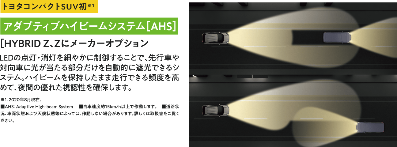 アダプティブハイビームシステム［AHS］LEDの点灯・消灯を細やかに制御することで、先行車や対向車に光が当たる部分だけを自動的に遮光できるシステム。ハイビームを保持したまま走行できる頻度を高めて、夜間の優れた視認性を確保します。