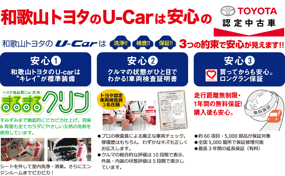 和歌山トヨタのU-Carは洗浄！検査！保証！3つの約束で安心が見えます！